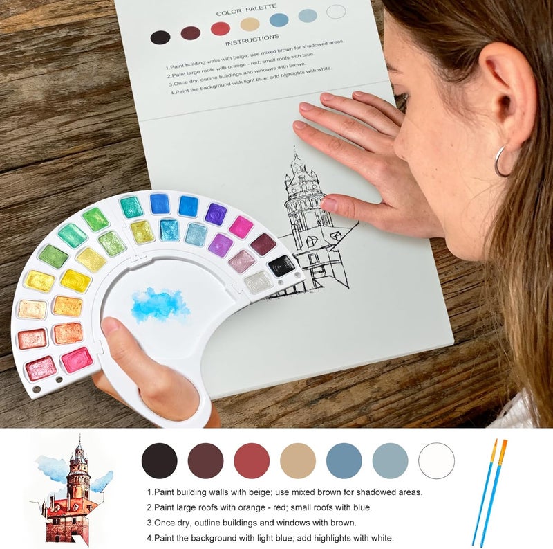 DPDPPL Watercolor Workbook & Water Coloring Book, 13 Pages 300GSM Paper, 26-Color Watercolor Paint Set with Brush & Storage Bag, Beginner-Friendly Coloring Book for Adults — Scenic Architecture Theme - Image 3